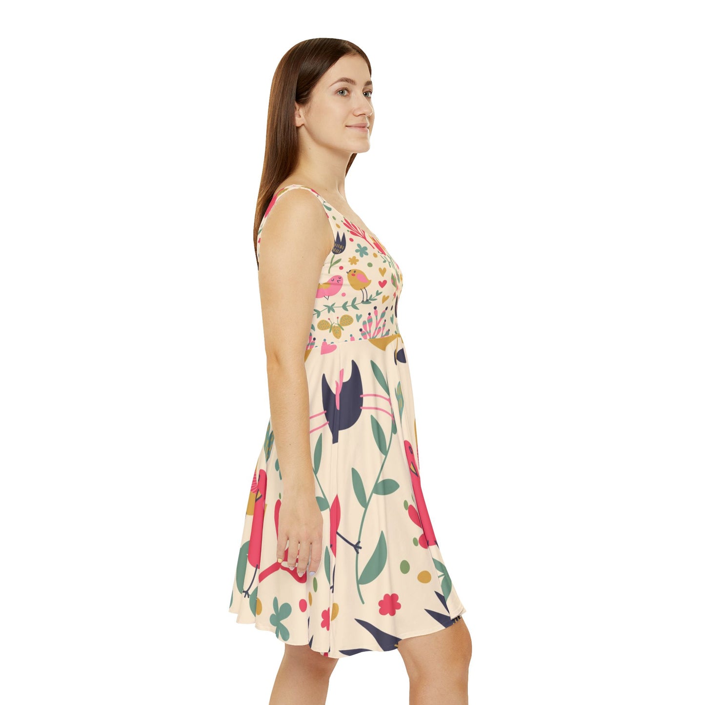 Floral Bird Print Women's Skater Dress | Spring Fashion, Summer Outfit, Casual Wear, Birthday Gift, Garden Party Dress