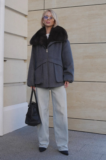 Rimini Genuine Fur Trim Wool Blend Parka in Graphite