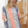 BiBi Leopard Stripe Printed French Terry Oversized Top - PEACH/NAVY