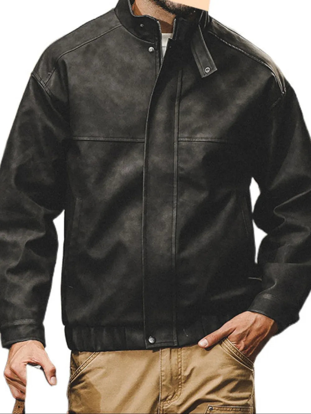Men's Plus Size Zip Up Stand Collar Biker Jacket - Farnelli