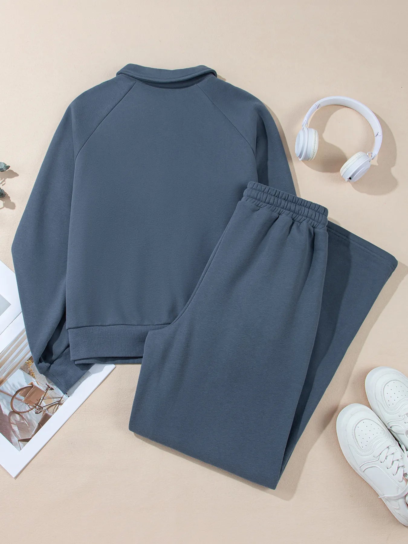 Collared Sweatshirt and High Waist Pants Active Set - Farnelli