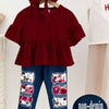 Children's Ruffle Sleeve Top & Floral Patch Pants Set - Burgundy