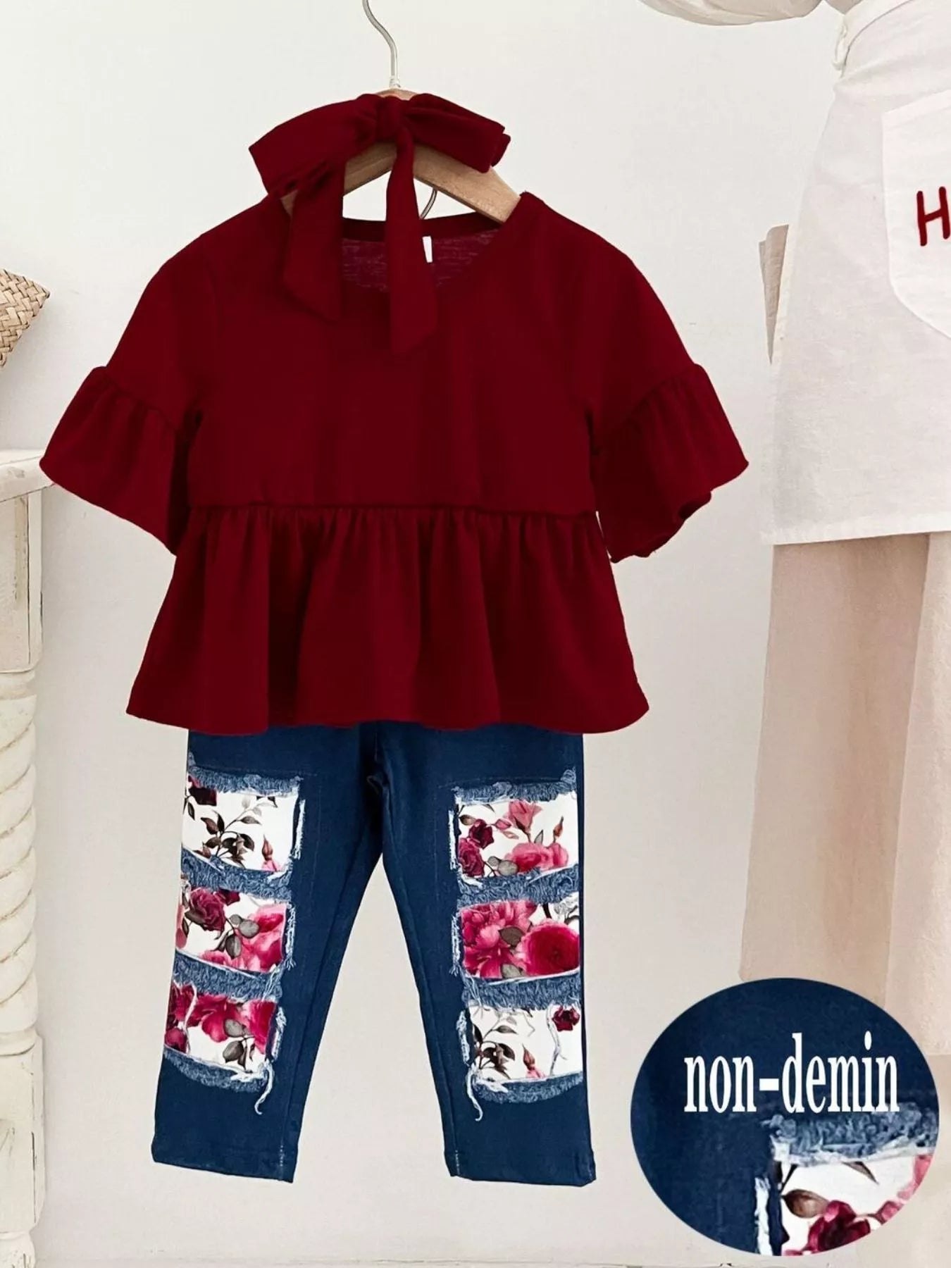 Children's Ruffle Sleeve Top & Floral Patch Pants Set - Farnelli