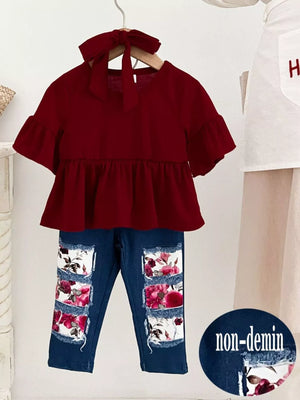 Children's Ruffle Sleeve Top & Floral Patch Pants Set - Farnelli