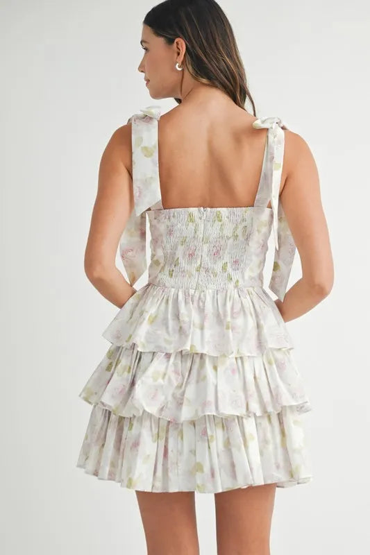 MABLE Floral Print Shoulder Tie Layered Mini Dress - Farnelli