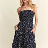 ADORA Smocked Floral Tube Dress with Pockets - Navy