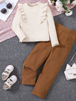 Children's Ruffle Trim Ribbed Top & Corduroy Pants Set - Farnelli