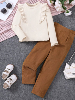 Children's Ruffle Trim Ribbed Top & Corduroy Pants Set - Farnelli