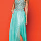 CLEARANCE - Juliet 548 Beaded Bodice Long Strapless Thigh Slit Formal Gown