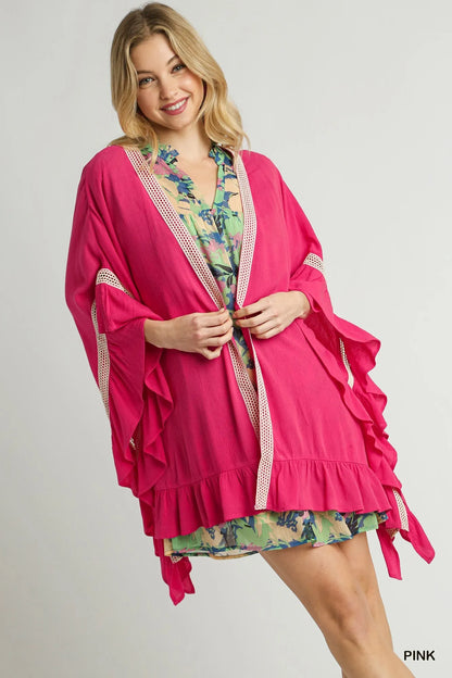 Umgee Ruffle Trim Kimono with Crochet Accent - Farnelli
