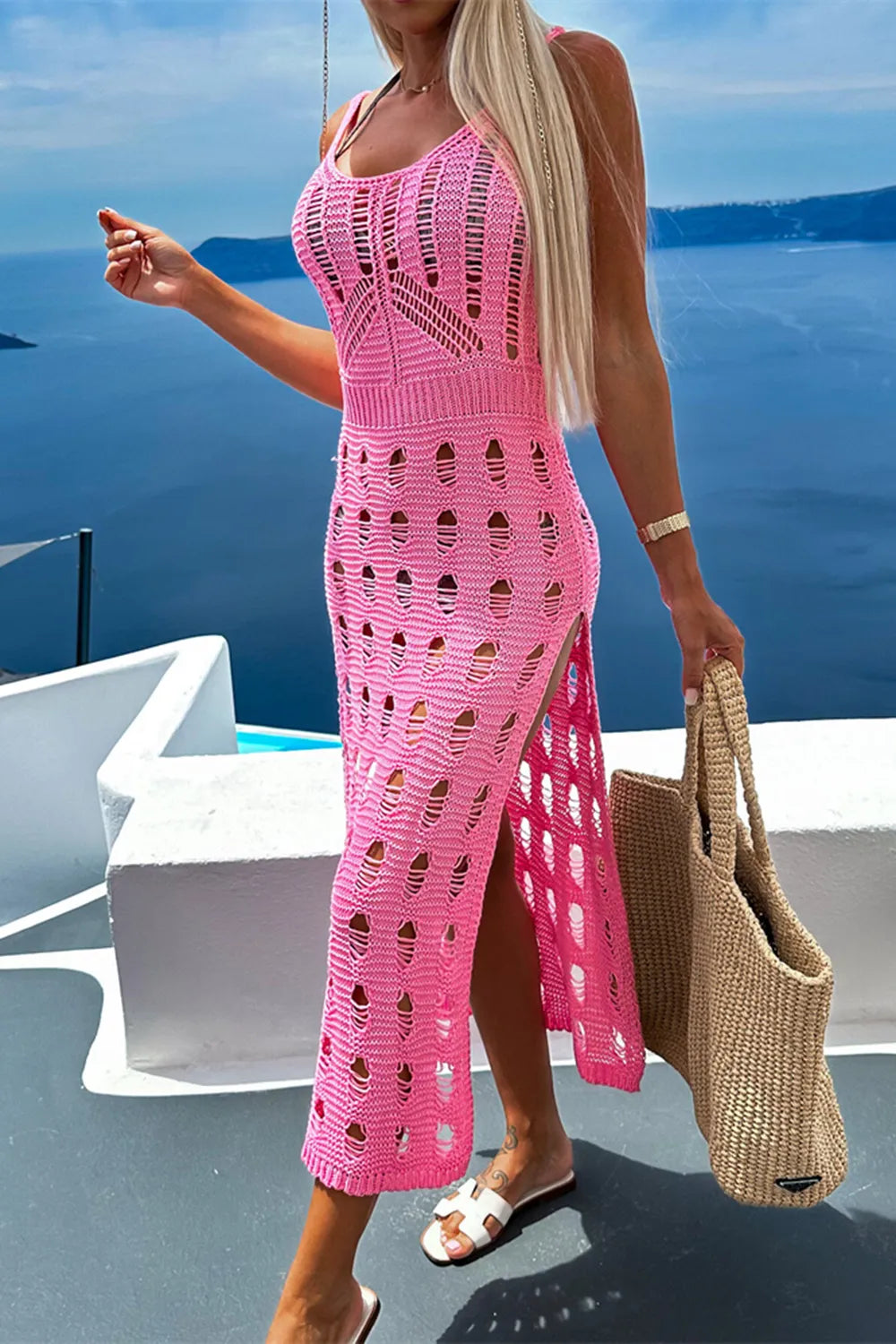 Openwork Slit Scoop Neck Sleeveless Cover Up - Farnelli