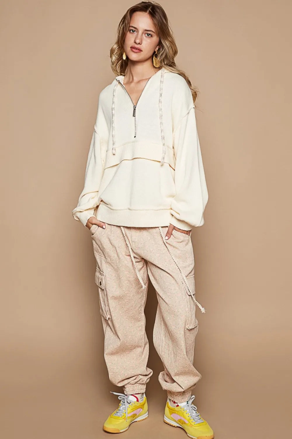 POL Half Zip Drop Shoulder Hooded Sweater - Farnelli