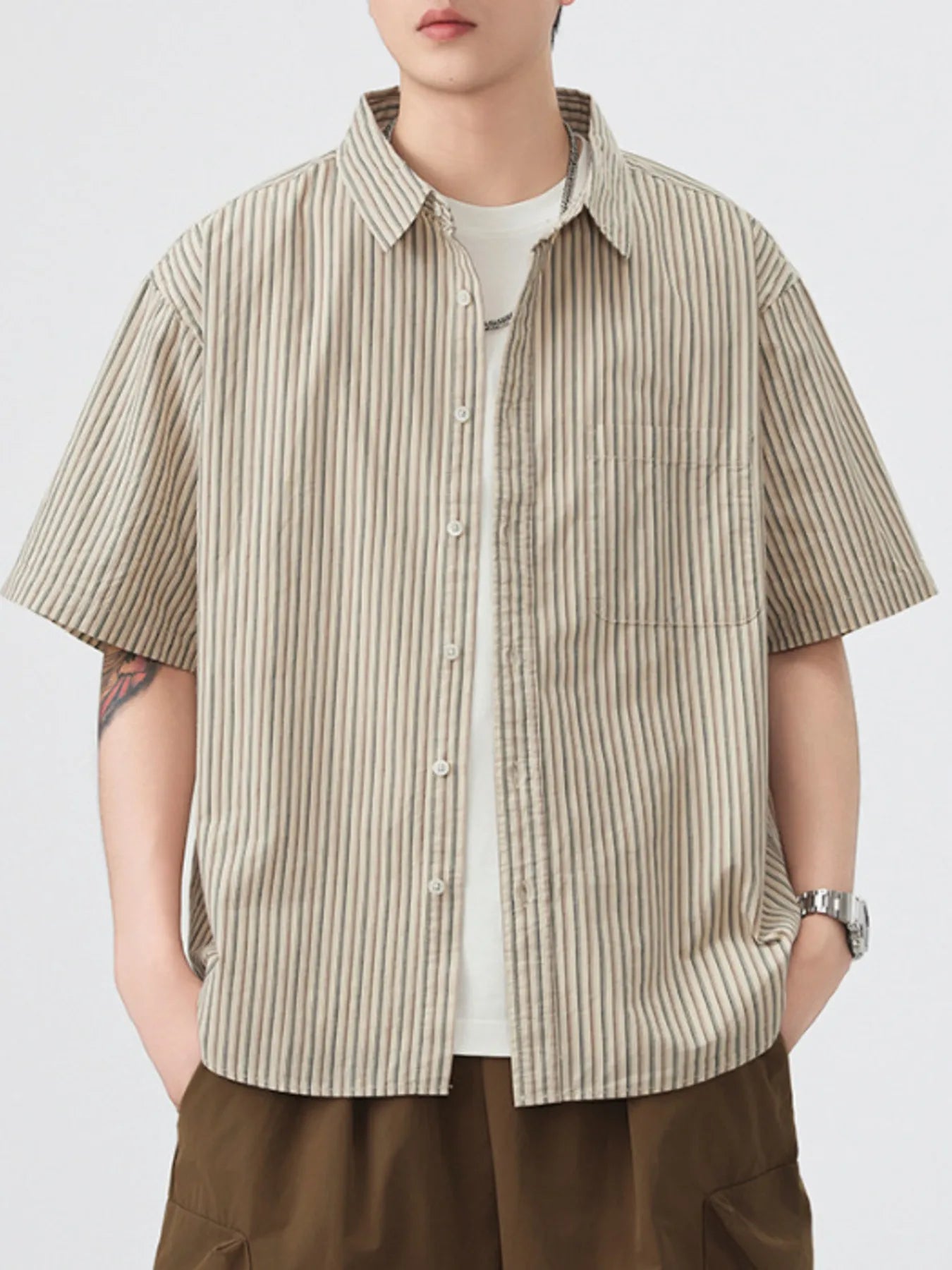 Men's Plus Size Striped Button Up Short Sleeve Shirt - Farnelli