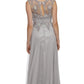 CLEARANCE - Juliet 552 Long Jewel Neckline Studded Bodice Silver A-Line Gown (Size M)