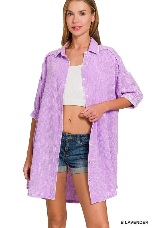 Zenana Washed Double Gauze Button Down Shirt Dress - Farnelli