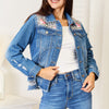 Baeful Leopard Floral Distressed Raw Hem Denim Jacket - Leopard