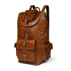 Classy Leather Bags Kingston tanned leather backpack with adjustable straps and multiple compartments, front view.
