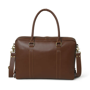 Dixon brown buffalo leather briefcase by Classy Leather Bags showing a sturdy, stylish office laptop bag with leather handle and front pocket.