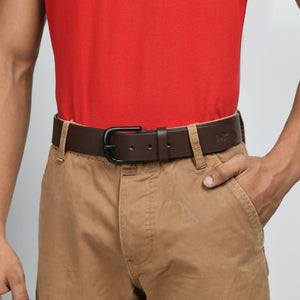Brown leather belt from Classy Leather Bags featuring a sleek design and a polished metal buckle.
