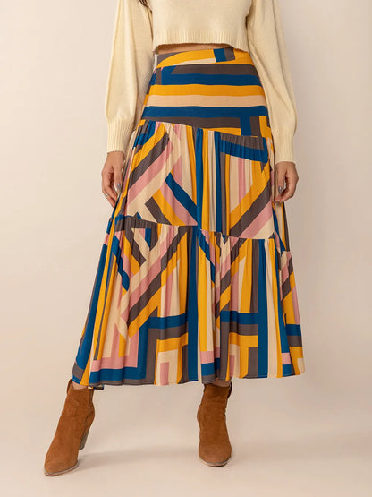 Ruched Elastic Waist Contrast Midi Skirt - Farnelli