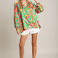 Umgee Satin Paisley Ruffle Neck Button-Up Shirt - Farnelli