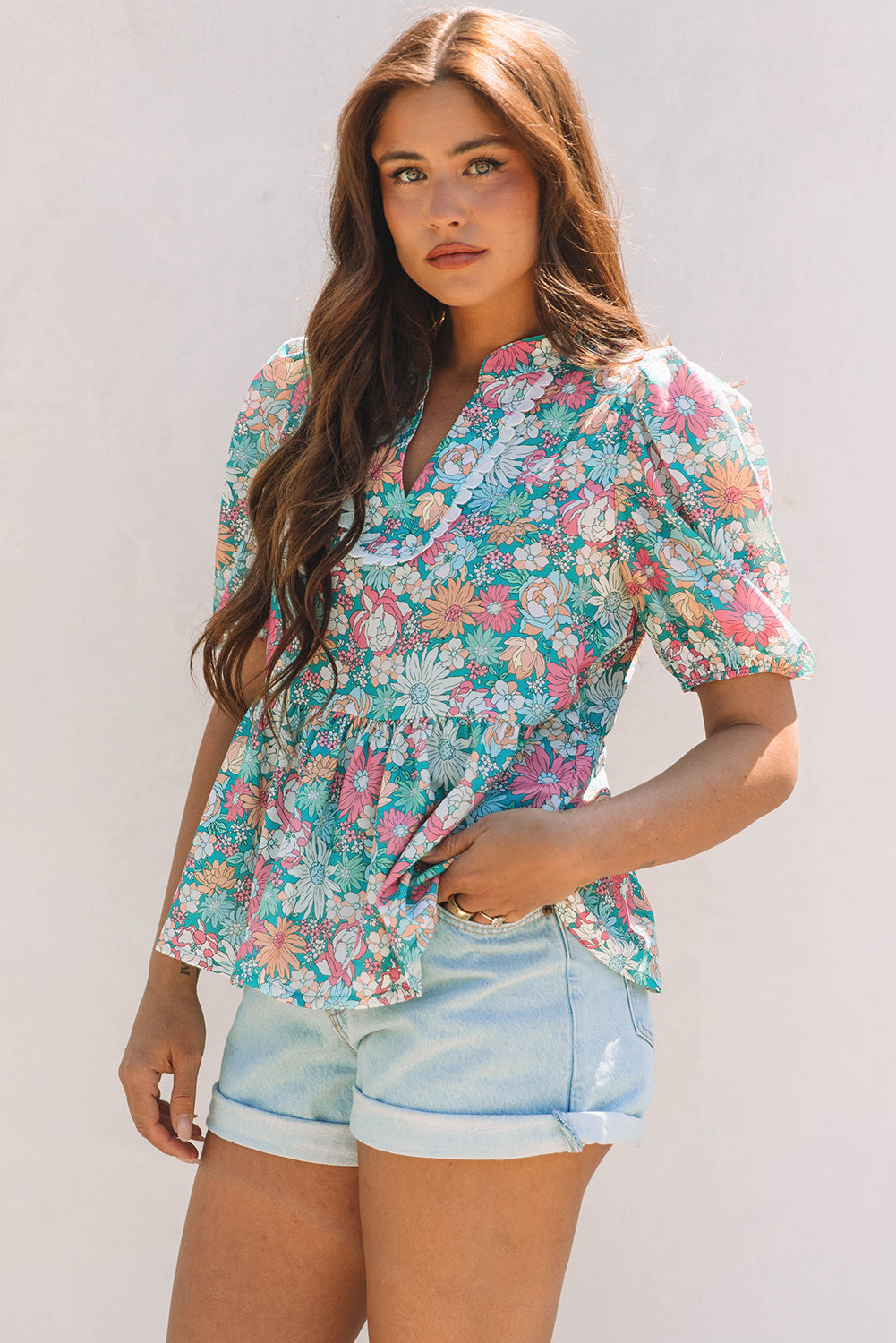 Amaris Notched Neck Puff Short Sleeve Floral Blouse - Farnelli