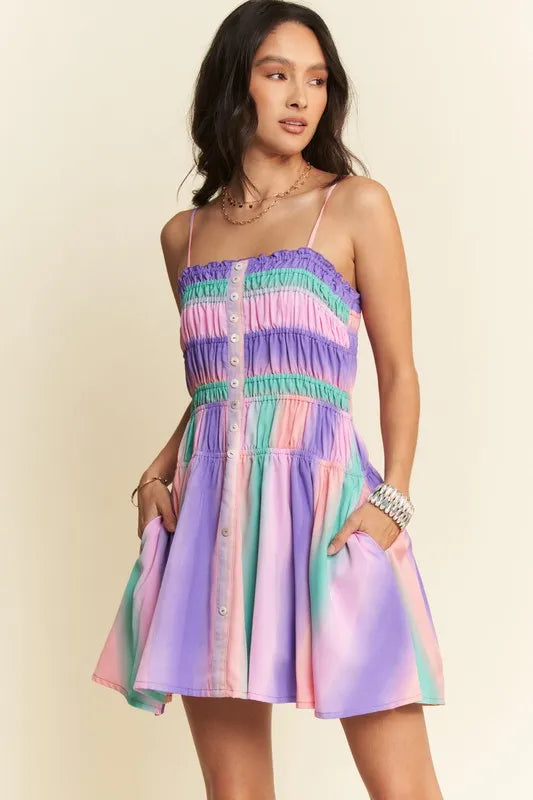 Davi & Dani Multi Color Ombre Printed Bodice Button Up Dress - Farnelli