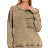 Zenana French Terry Washed Raw Edge Front Pocket Pullover - MOCHA