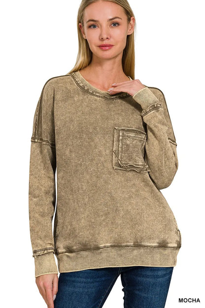 Zenana French Terry Washed Raw Edge Front Pocket Pullover - Farnelli