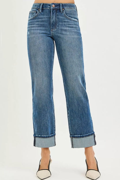 RISEN Full Size 4 Way Stretch Slouchy Straight Jeans with Cuffed Hem Plus Size - Farnelli