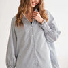 ADORA High-Low Striped Button Down Smocked Lantern Sleeve Shirt - Gray