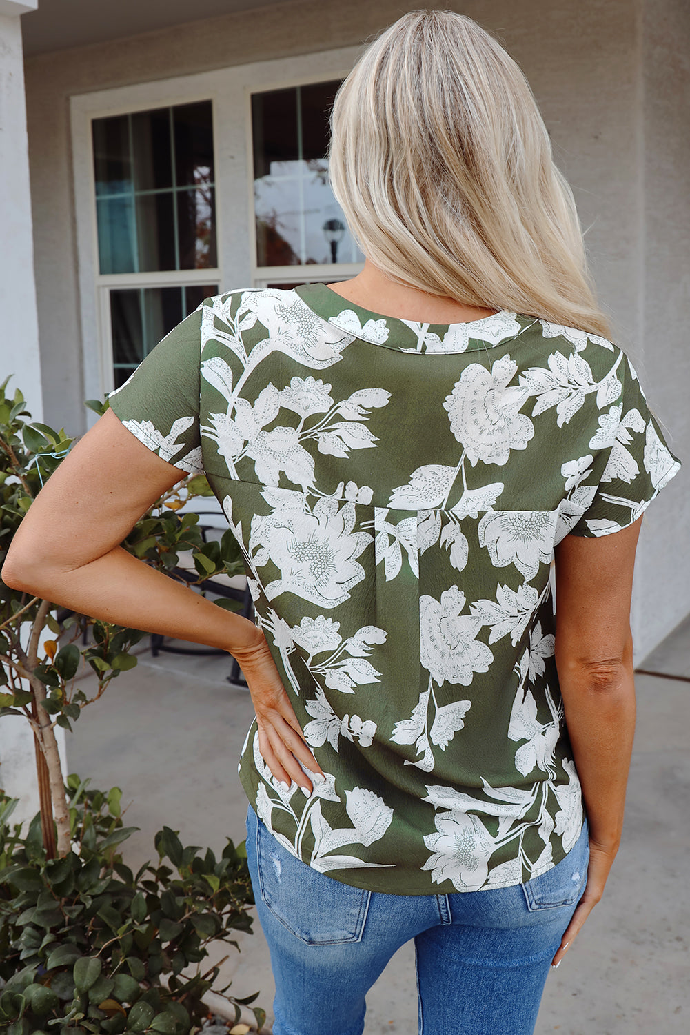Floral Split Neck Short Sleeve Blouse - Farnelli