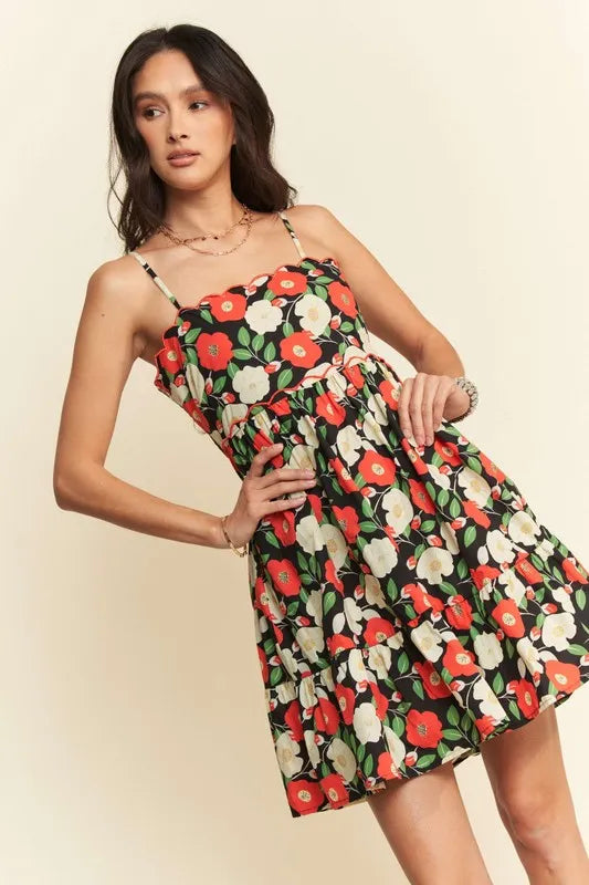 Davi & Dani Floral Scalloped Cutout Back Mini Dress - Farnelli