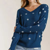 Umgee Full Size Star V-Neck Long Sleeve Sweater Plus Size - Navy