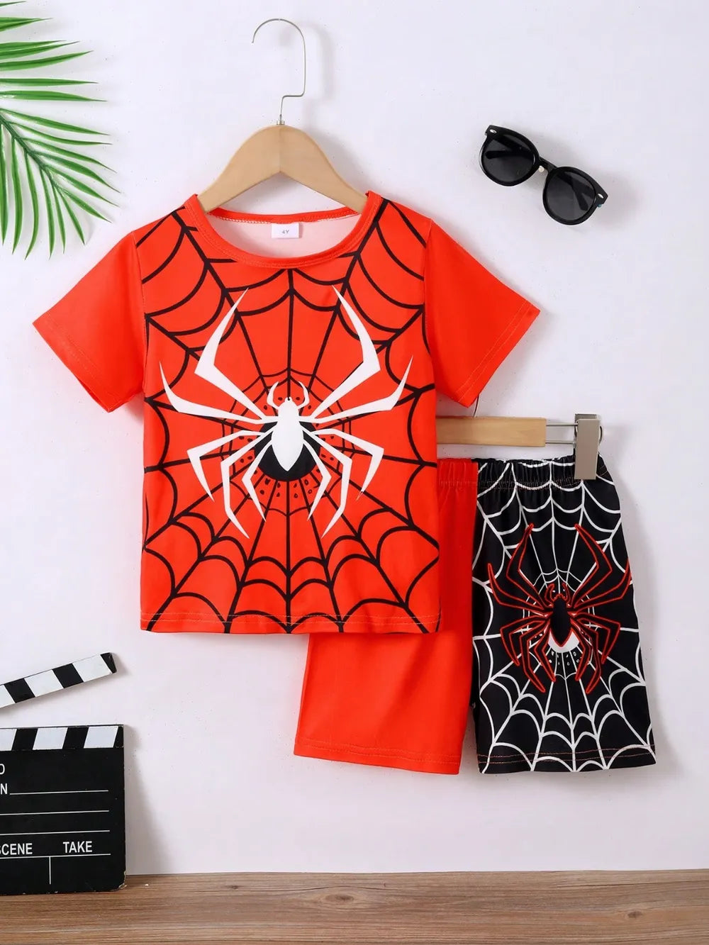 Children's Spider Round Neck Short Sleeve T-Shirt and Pants Set - Farnelli