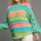 Umgee Full Size Color Block Cable Knit Sweater with Pom Pom Plus Size - Farnelli