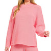 Zenana Round Neck Knit Top and Shorts Sweater Set - DK PINK