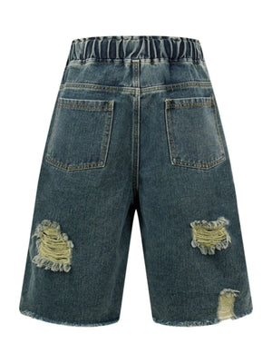 Men's Distressed Cargo Denim Shorts with Drawstring Waist - Farnelli