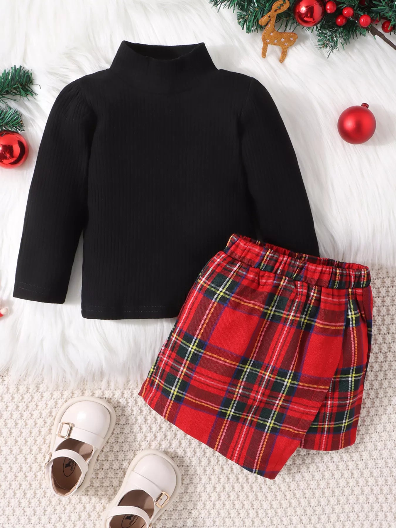 Children's Ribbed Knit Top & Plaid Skirt Set - Farnelli