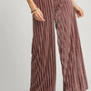 Umgee Full Size Elastic Waist Striped Wide Leg Velvet Pants - Burgundy