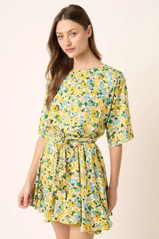 Mittoshop Floral Tie Waist Half Sleeve Mini Dress - Farnelli