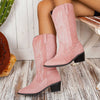 Point Toe Block Heels Boots - Pink