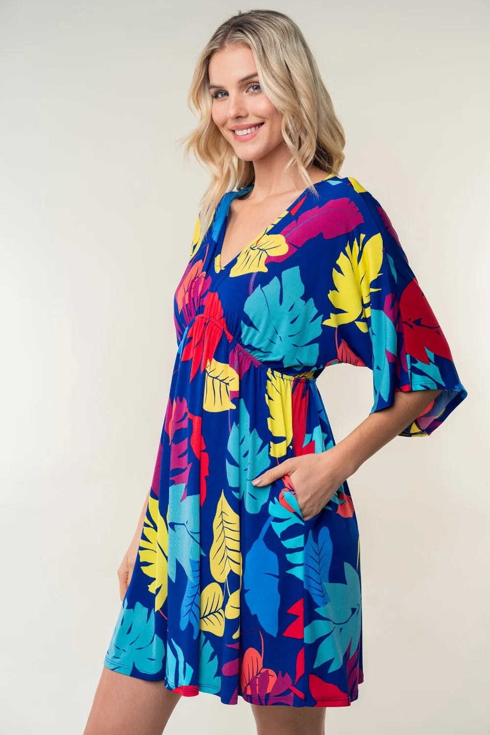 White Birch Full Size Printed V-Neck Mini Dress - Farnelli