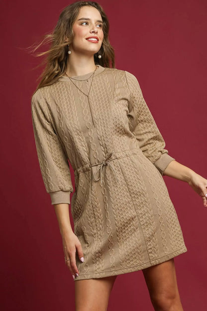Umgee Drawstring Cable Knit Mini Dress with Pockets - Farnelli