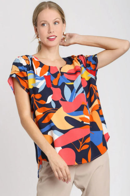 Umgee Full Size Short Sleeved Abstract Print Top Plus Size - Farnelli