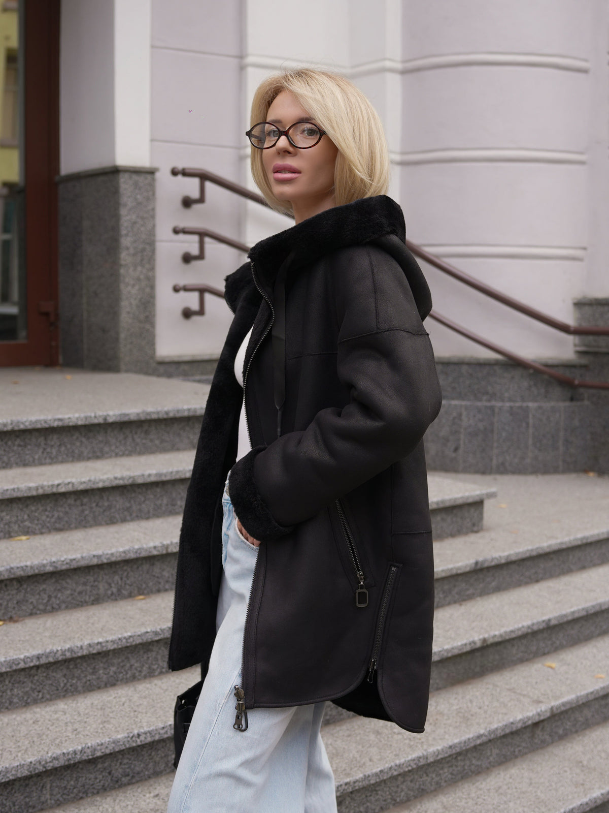 Alaska® Grazia reversible faux shearling hooded coat in black and black, full-length parka style