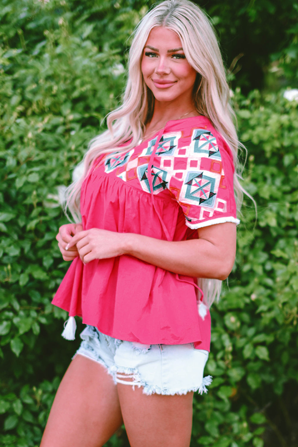 Zayla Embroidered Tassel Tie V Neck Blouse - Farnelli