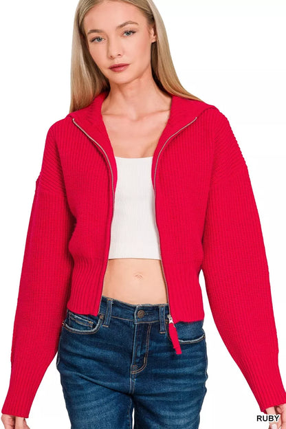Zenana Ribbed Collared Zip Up Sweater Cardigan - Farnelli