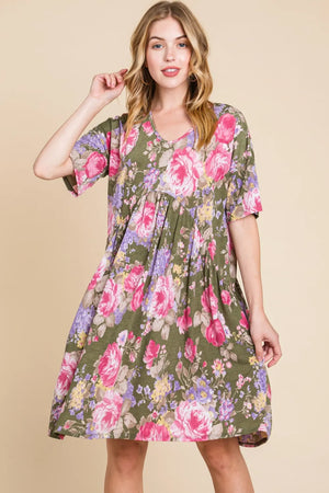 BOMBOM Flower Print V-Neck Ruched Dress - Farnelli