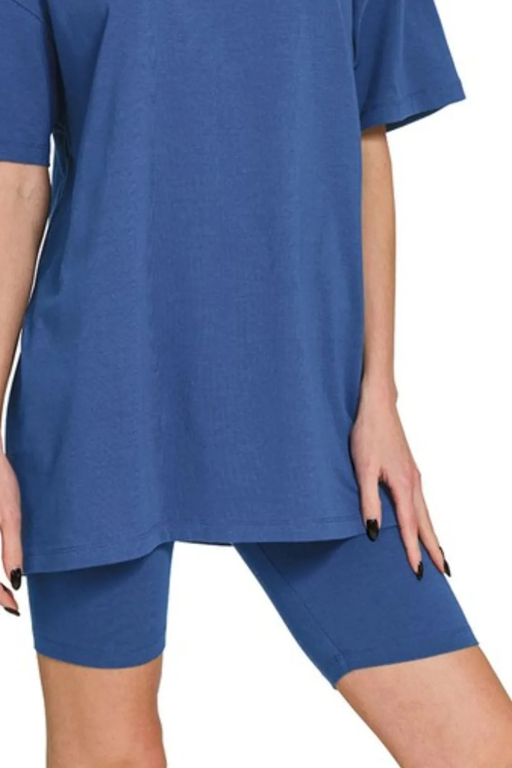 Zenana Cotton Round Neck Top & Biker Shorts - Farnelli